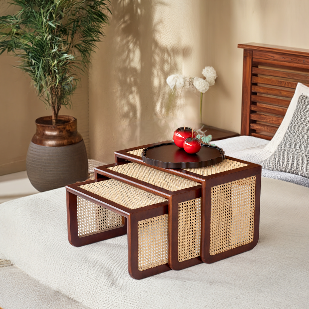 Small Rectangular Rattan Nesting Table Rattan Nesting Table - Set of 3 | Rangbagh